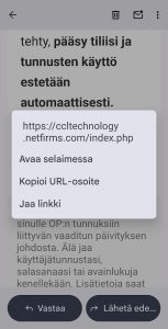 Esimerkki huijausviestistä, jossa linkki näyttää aidolta mutta ohjaa väärennetylle sivulle.